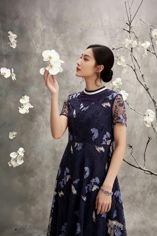HJ2S50_黛蓝色_连衣裙_四季_优雅复古撞色网纱刺绣圆领收腰显瘦中裙_高级女装_BERNIEELEN 伯妮斯茵 商品图3