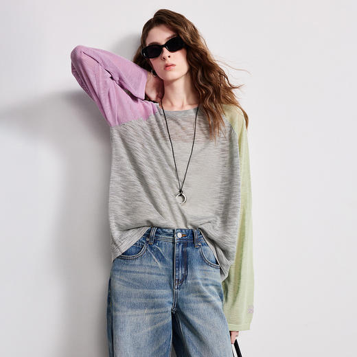 初语空气感竹节麻针织衫女2026新款圆领宽松不对称撞色上衣 商品图1