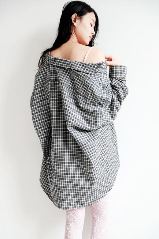 复古格纹衬衫，胸口小标设计。水洗做旧纯棉翻领长袖衬衣E030760 商品图10