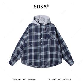 SDSA男装2026新款高贵轻奢休闲文艺连帽格纹衬衫百搭时尚简约衬衣