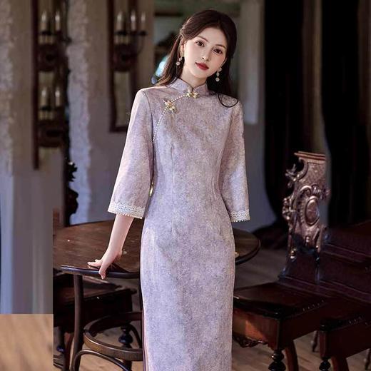 紫色国风新中式长袖旗袍改良年轻款高级感复古修身收腰旗袍SC21920 商品图3