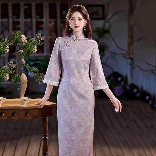 紫色国风新中式长袖旗袍改良年轻款高级感复古修身收腰旗袍SC21920 商品图2