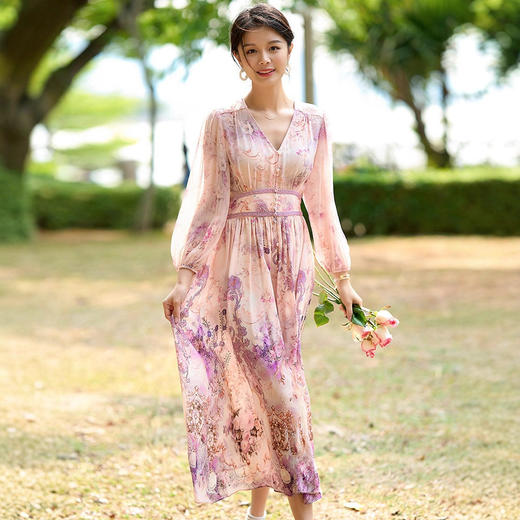 「预售」)「自」全新升级【铂金会员661/天猫899/差价238】(02638)洛诗琳气质真丝印花连衣裙2026春季新款优雅显瘦V领蚕丝裙 商品图1