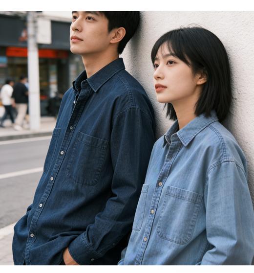 【情侣水洗牛仔衬衫外套】 宽松落肩 微阔直筒剪裁 藏肉显瘦不紧绷 商品图0