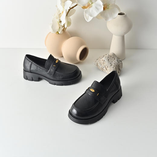 经典鲨2026年春专柜新品羊皮革百搭黑色一脚蹬通勤乐福鞋女KW57-617031 商品图2