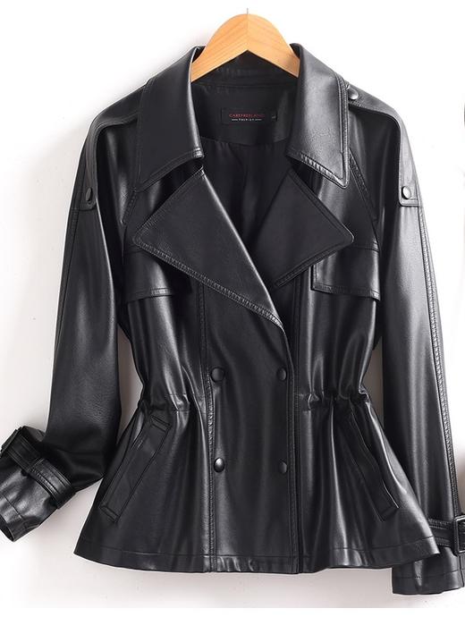 新款风衣翻领双排包扣腰间抽绳绵羊皮夹克 商品图5