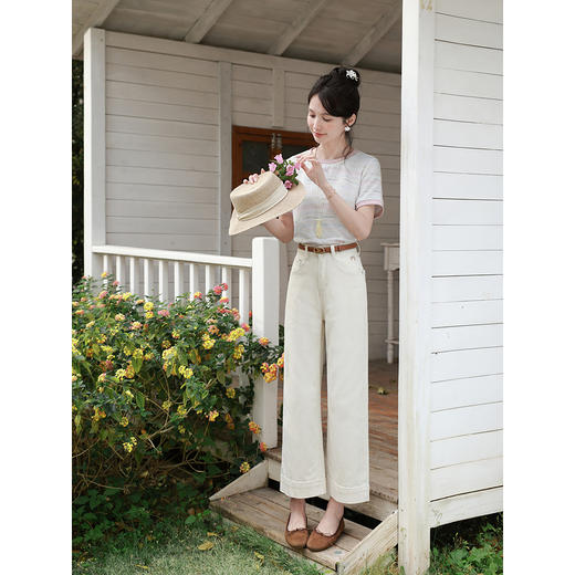 鹿向南「流光花语」粉色T恤短袖女夏蕾丝领撞色正肩显瘦百搭上衣 商品图1