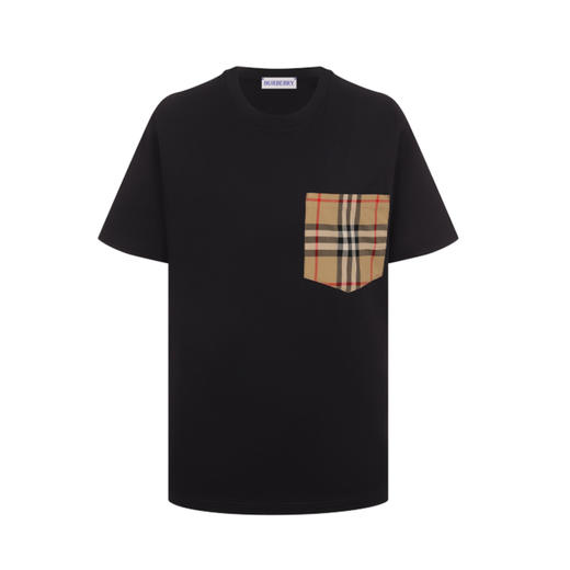 【二】BURBERRY 巴宝莉 女士格纹口袋棉质圆领短袖T恤 黑色 8103970 A1189 商品图0