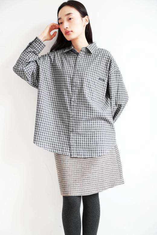 复古格纹衬衫，胸口小标设计。水洗做旧纯棉翻领长袖衬衣E030760 商品图13