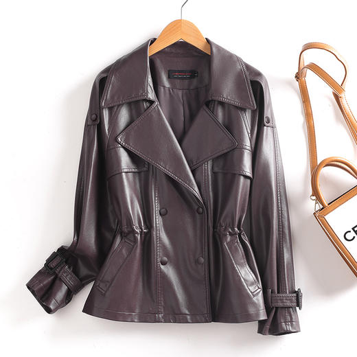 新款风衣翻领双排包扣腰间抽绳绵羊皮夹克 商品图12