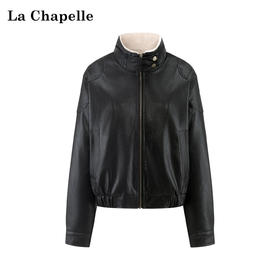 天猫同步【高奢/仿貂毛】拉夏贝尔/La Chapelle立领内里加绒PU夹克女保暖机车风时髦皮衣外套