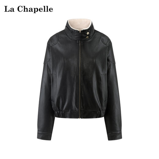 天猫同步【高奢/仿貂毛】拉夏贝尔/La Chapelle立领内里加绒PU夹克女保暖机车风时髦皮衣外套 商品图0