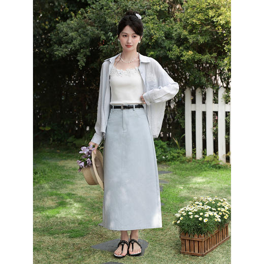 鹿向南「旧蓝回忆」蓝色半身裙女春新款高腰修身长款显瘦A字裙子 商品图3