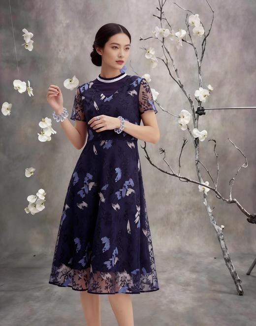 HJ2S50_黛蓝色_连衣裙_四季_优雅复古撞色网纱刺绣圆领收腰显瘦中裙_高级女装_BERNIEELEN 伯妮斯茵 商品图9