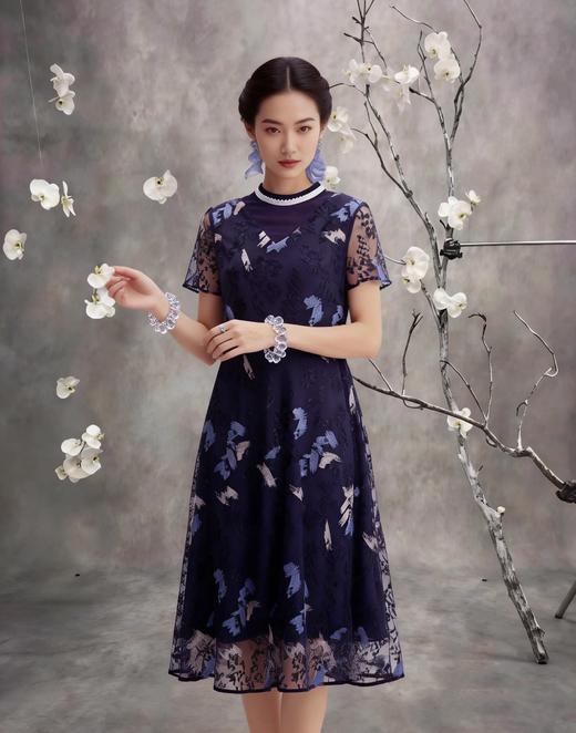 HJ2S50_黛蓝色_连衣裙_四季_优雅复古撞色网纱刺绣圆领收腰显瘦中裙_高级女装_BERNIEELEN 伯妮斯茵 商品图7