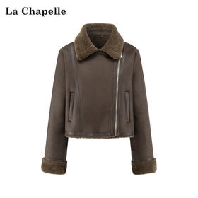 天猫同步【皮毛一体】拉夏贝尔/La Chapelle翻领拉链pu外套女复古时髦加厚保暖短上衣冬季新款