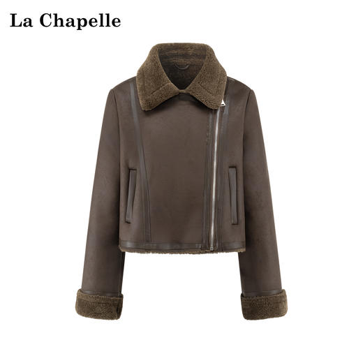 天猫同步【皮毛一体】拉夏贝尔/La Chapelle翻领拉链pu外套女复古时髦加厚保暖短上衣冬季新款 商品图0