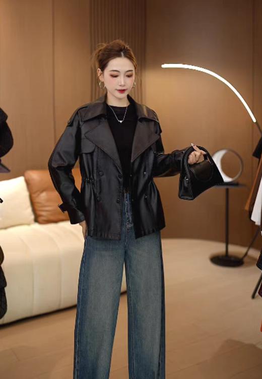 新款风衣翻领双排包扣腰间抽绳绵羊皮夹克 商品图2