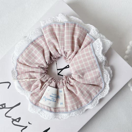 韩系粉色格子蕾丝边大肠发圈-纪念日百货门店同款169452926 商品图0