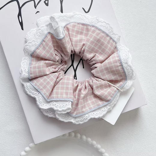 韩系粉色格子蕾丝边大肠发圈-纪念日百货门店同款169452926 商品图3