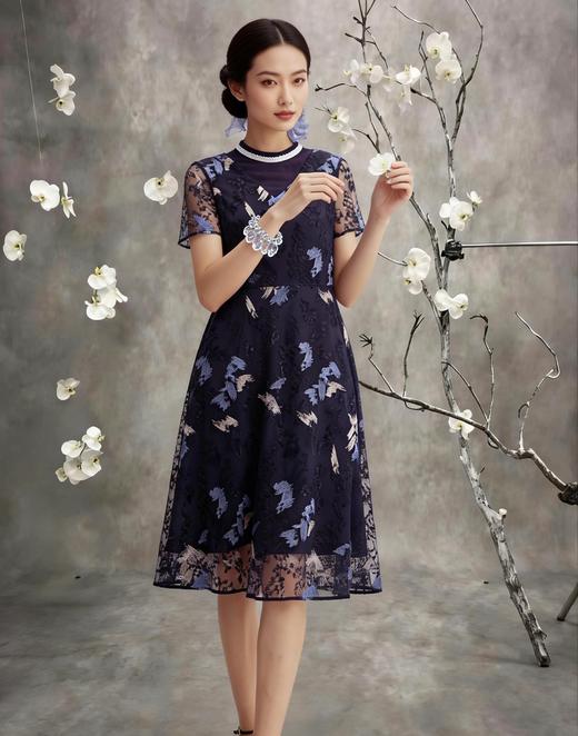 HJ2S50_黛蓝色_连衣裙_四季_优雅复古撞色网纱刺绣圆领收腰显瘦中裙_高级女装_BERNIEELEN 伯妮斯茵 商品图8