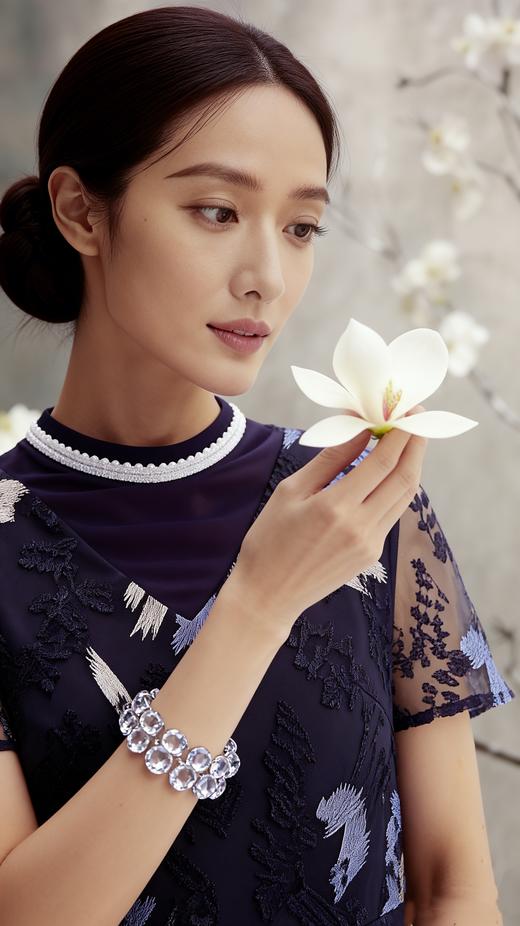 HJ2S50_黛蓝色_连衣裙_四季_优雅复古撞色网纱刺绣圆领收腰显瘦中裙_高级女装_BERNIEELEN 伯妮斯茵 商品图10