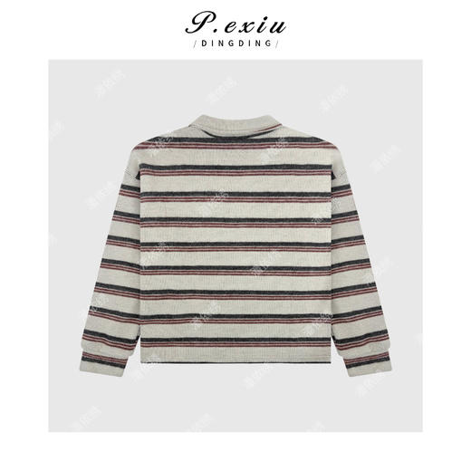 03-2潘依绣丁丁宠粉韩系宽松撞色条纹POLO领长袖针织上衣 M9152 商品图1