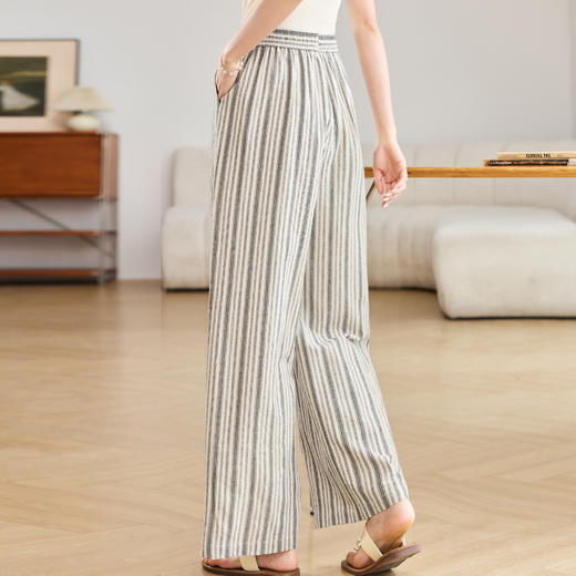 百媚生 休闲条纹阔腿裤抽绳松紧高腰直筒裤BKDYL241 商品图1