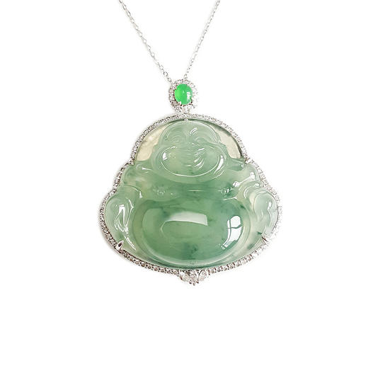 【天然正品】A货翡翠AU750白金豪镶钻镶天然细腻冰种飘蓝花佛公翡翠吊坠项链030326NJT18 商品图0