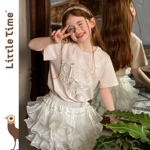 littletime美式甜心风刺绣印花T恤女短袖圆领白色度假风上衣 商品图0