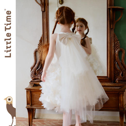 littletime26春夏女童公主婚纱挂脖网纱连衣裙白色立体花朵蛋糕裙 商品图2