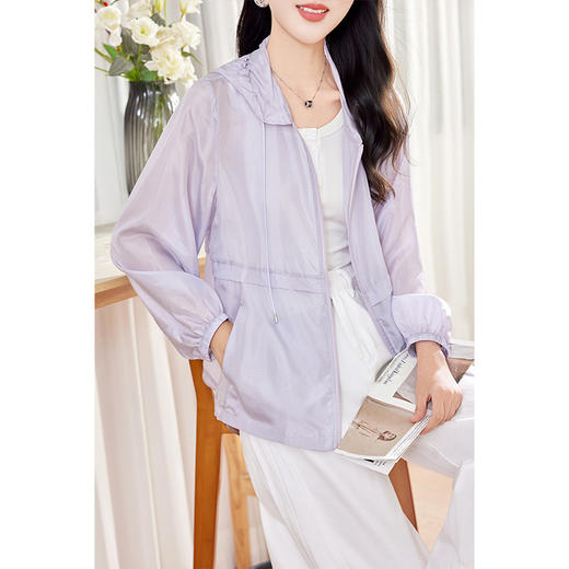 丁摩 真丝电力纺时尚防晒衣长袖连帽拉链外套0597 商品图0