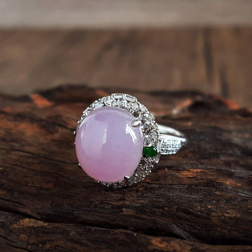 【天然正品】A货翡翠AU750白金豪镶钻镶天然细腻冰种粉紫色蛋面翡翠戒指15号（戒圈可改）280226NJT19 商品图3