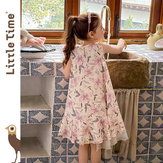 littletime26春夏女童韩国波西米亚风碎花连衣裙粉色复古田园长裙 商品图2