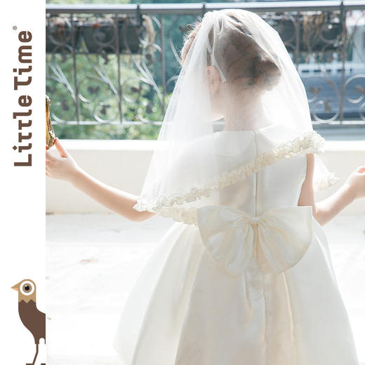 littletime白色娃娃领泡泡袖韩式婚礼水光缎花童婚纱连衣裙带头纱 商品图2