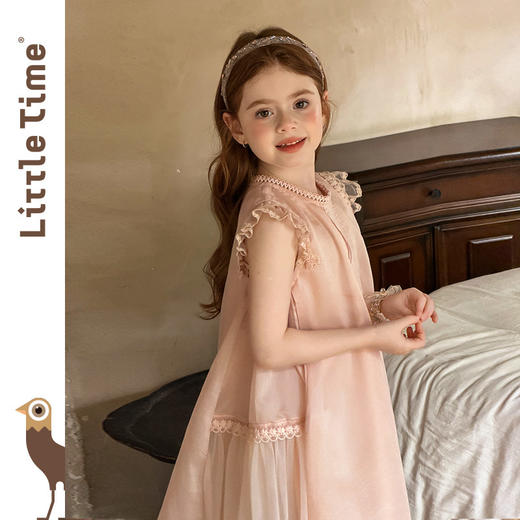littletime2026春夏女童甜美公主小飞袖蕾丝花边天丝莱赛尔连衣裙 商品图3