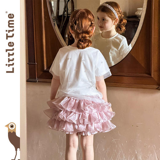 littletime法式甜美风白色圆领短袖T恤女童水晶珠子装饰上衣 商品图2