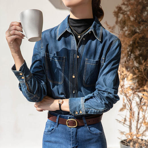 百媚生 叠穿设计感小众复古港味蓝色牛仔衬衫965 商品图0