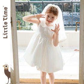 littletime白色娃娃领泡泡袖韩式婚礼水光缎花童婚纱连衣裙带头纱
