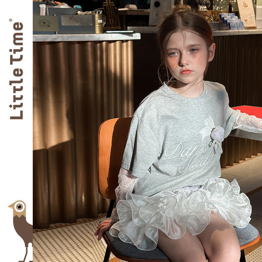 littletime法式甜美风白色蕾丝绣花罩衫女夏长袖显瘦蛋糕T恤 商品图1