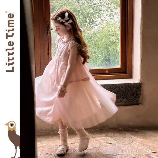 littletime2026春夏女童甜美公主小飞袖蕾丝花边天丝莱赛尔连衣裙 商品图1