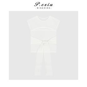 03-2潘依绣丁丁宠粉复古时髦拼接系带圆领无袖T恤Q2644