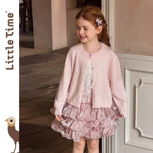littletime甜美风粉色珍珠蝴蝶结针织开衫女童软糯披肩毛衣外套 商品图2