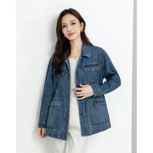 百媚生 棉质复古中长款休闲牛仔外套宽松夹克AC66017 商品图0