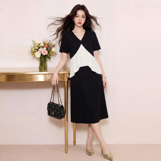 奢姿大码女装2026夏季撞色拼接半裙套装V领遮肉通勤中长裙两件套9962960039 商品图2