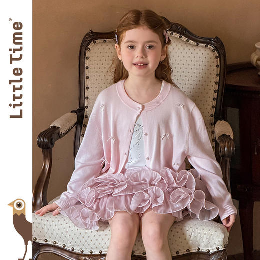 littletime甜美风粉色珍珠蝴蝶结针织开衫女童软糯披肩毛衣外套 商品图3