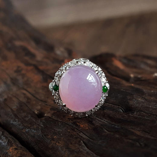 【天然正品】A货翡翠AU750白金豪镶钻镶天然细腻冰种粉紫色蛋面翡翠戒指15号（戒圈可改）280226NJT19 商品图5