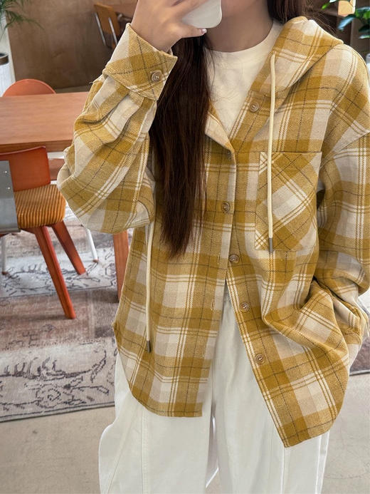橘子味的春天黄格纹连帽衬衫外套 商品图6