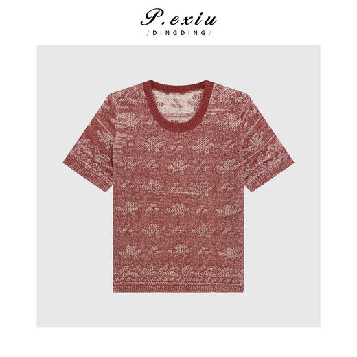 03-2潘依绣丁丁宠粉亚麻复古提花肌理感质感短袖针织上衣L2603 商品图0