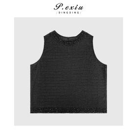 03-2潘依绣丁丁宠粉气质重工贴钻拼接无袖圆领背心Q5814